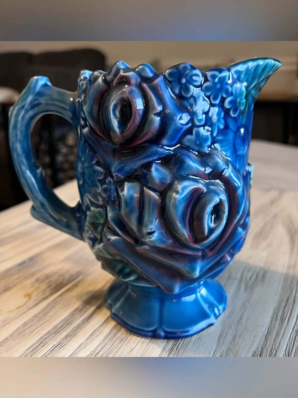Vintage Royal Bouquet Unicorn Japan Blue Floral Ceramic Pitcher Vase